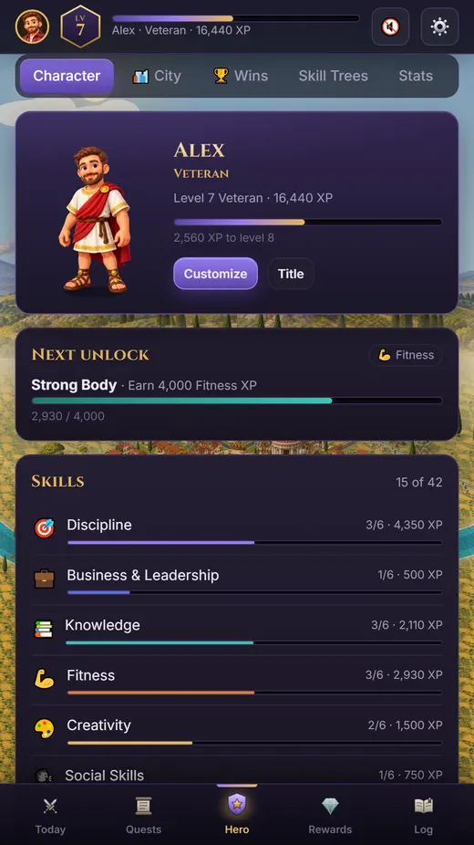 The Hero screen: a painted hero in a Roman toga, the next unlock and progress in seven skills.