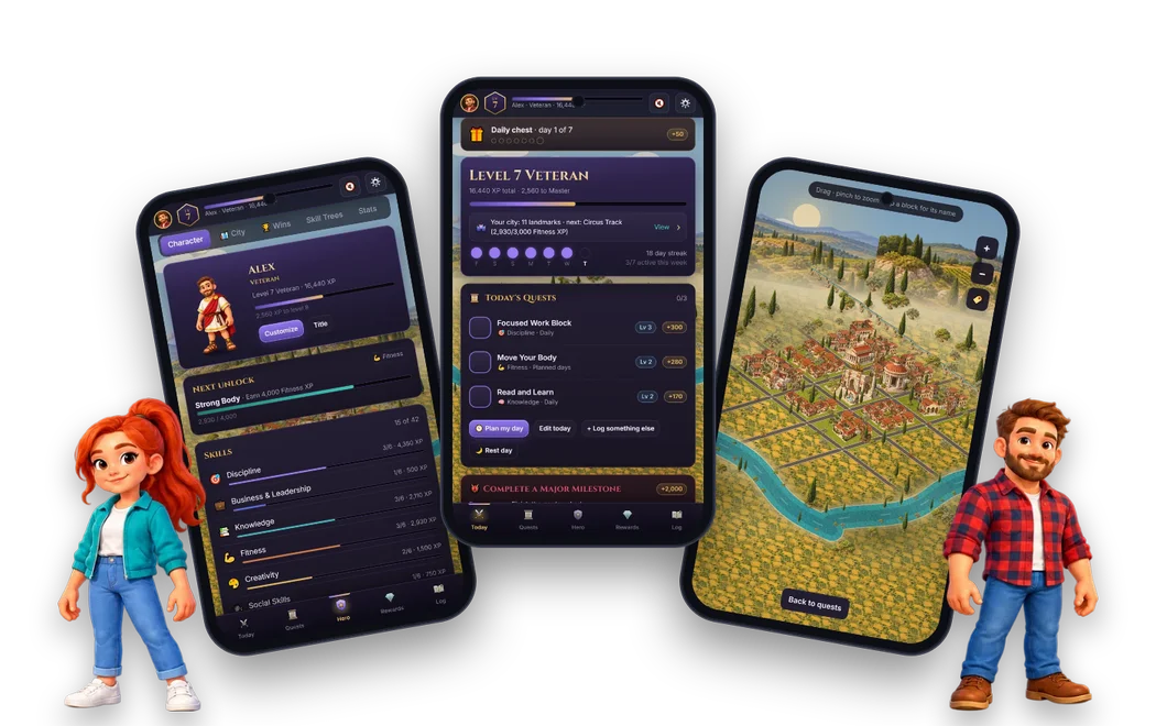 Life RPG on three phones: a hero with seven skills, today's quests and a Roman city, with two of the game's heroes.