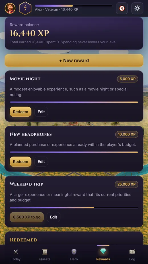 Rewards bought with XP: a movie night, new headphones and a weekend trip.
