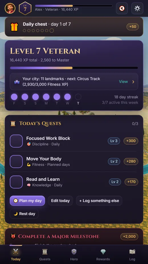 The Today screen: level 7, an 18-day streak and three quests for the day.