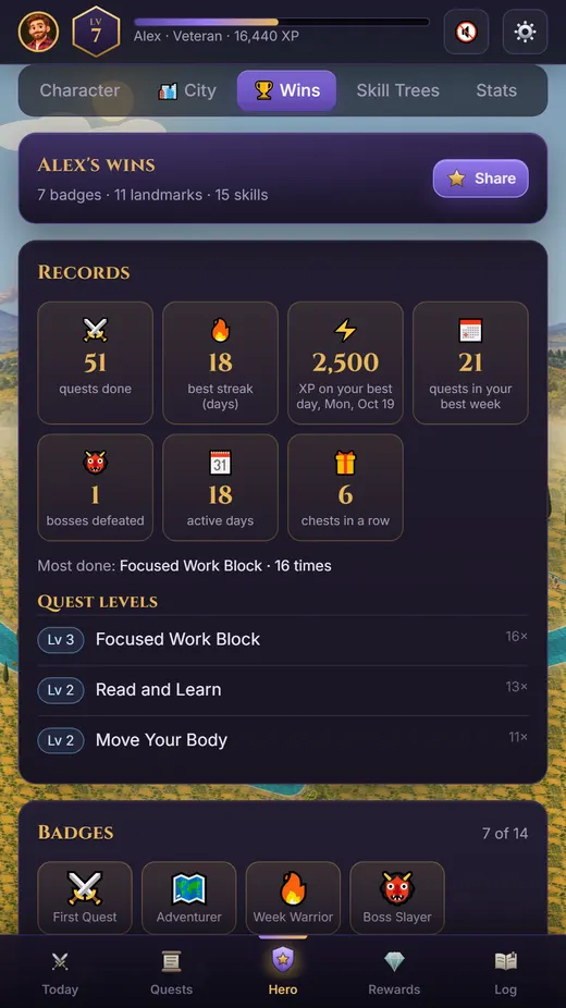 The Wins screen: records like quests done and the best streak, quest levels and badges.