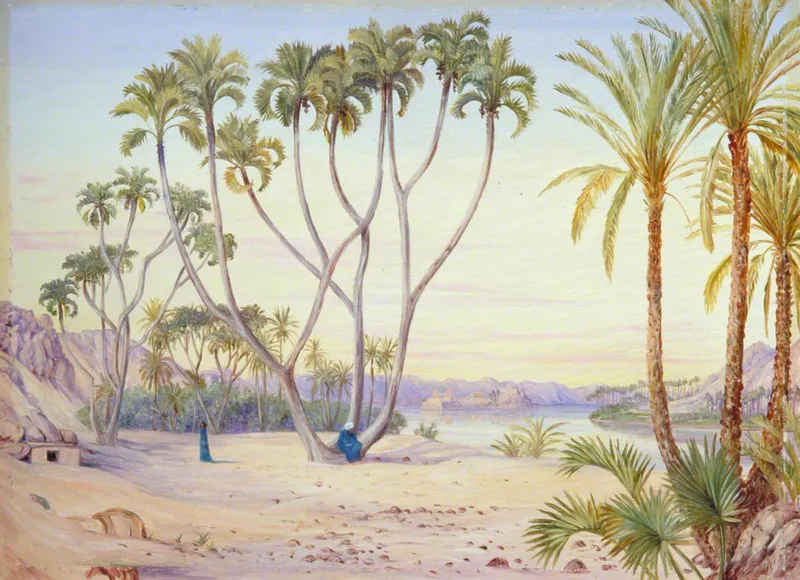 Doum and date palms on the Nile, painted by Marianne North in the 1800s.