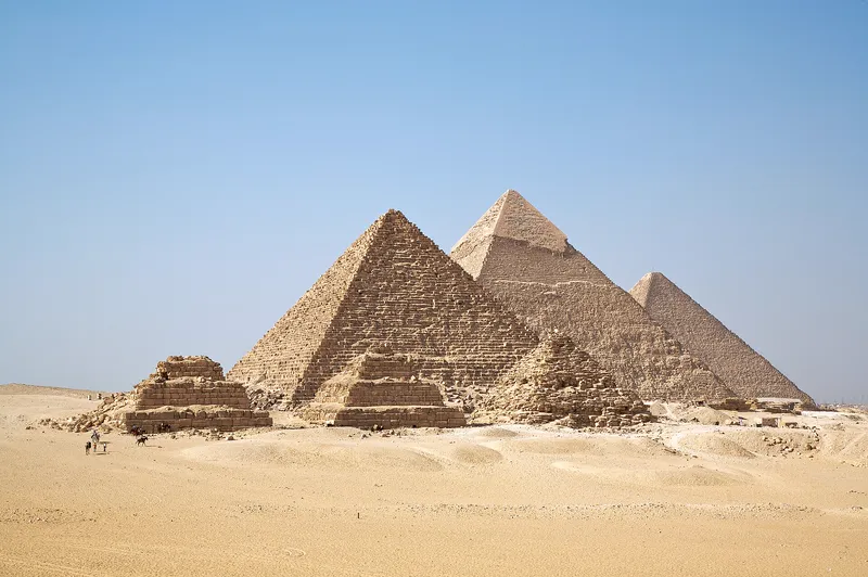 The three great pyramids of Giza, with smaller queens' pyramids in front.