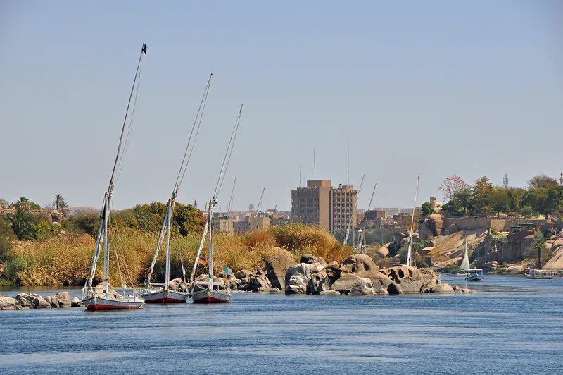 Sailing boats called feluccas on the Nile at Aswan.