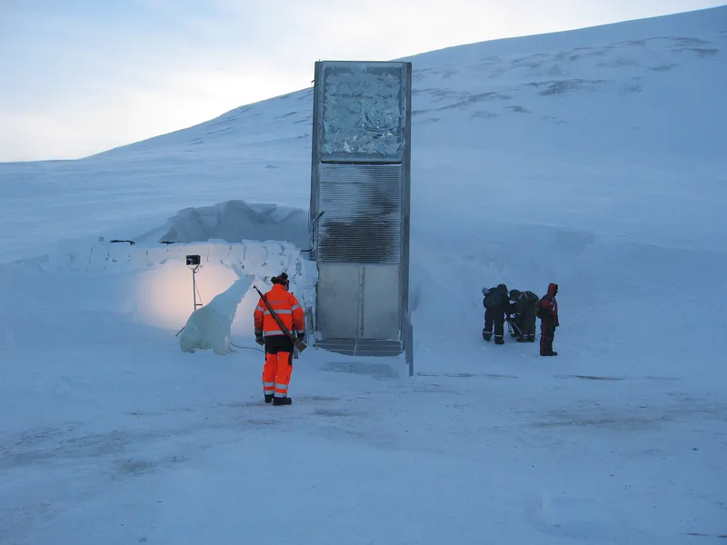 The entrance to the Svalbard Global Seed Vault, dug into a mountain in the Arctic.