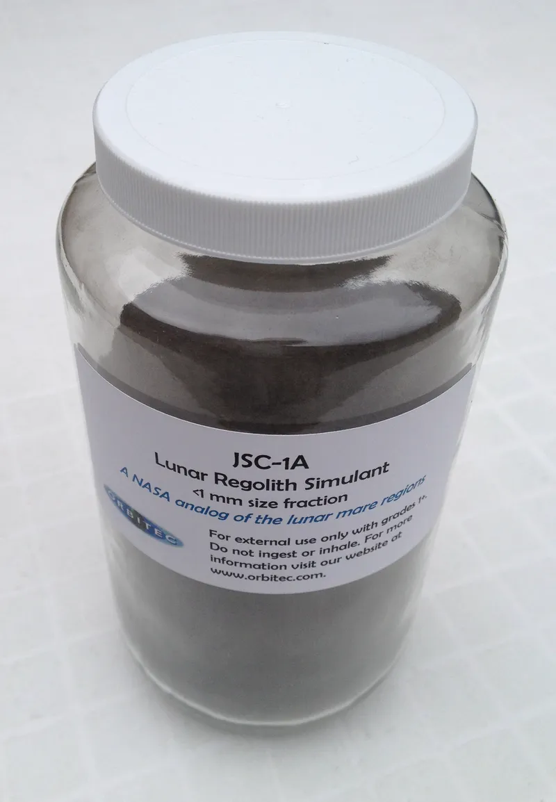A jar of lunar regolith simulant, a material made on Earth to copy Moon soil for testing.