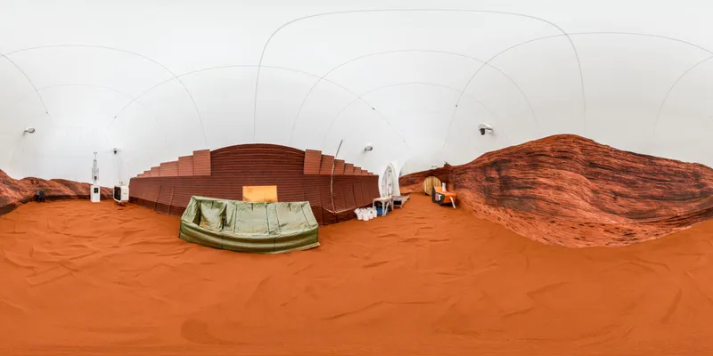 Inside the 3D-printed Mars Dune Alpha habitat at NASA's Johnson Space Center, used for CHAPEA simulated Mars missions.