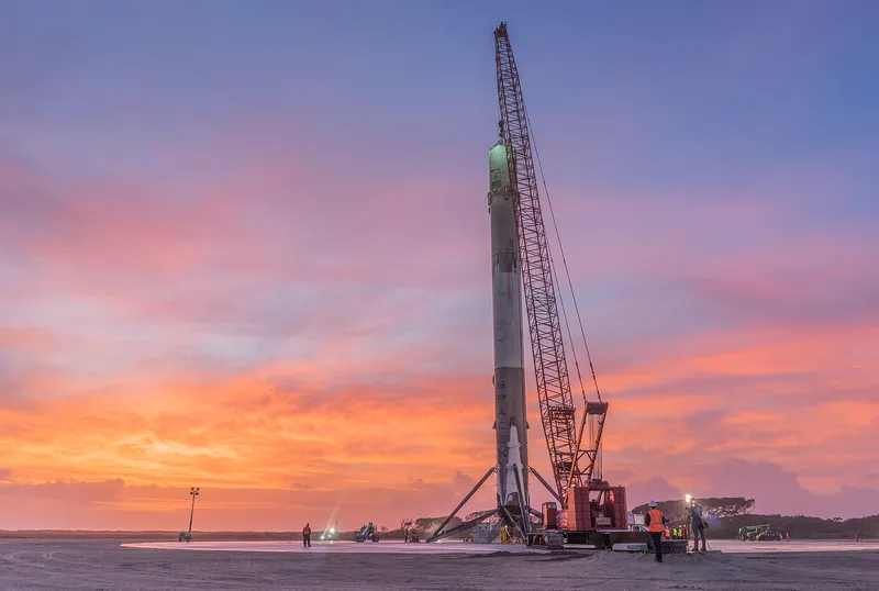 A Falcon 9 first stage after landing upright, ready to be reused.