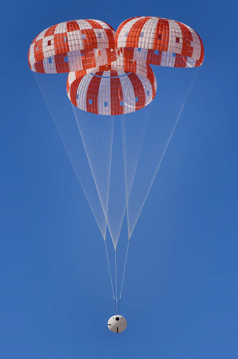 A test of the parachutes of NASA's Orion spacecraft, which is designed to carry crews to the Moon.