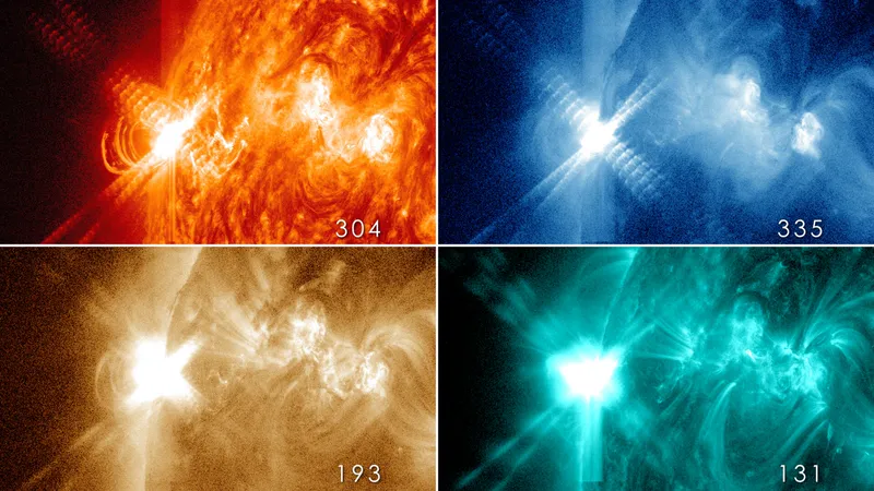 A powerful solar flare in 2013, seen by NASA's Solar Dynamics Observatory in four wavelengths.