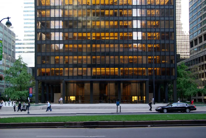 The Seagram Building in New York (1958), famous for its bronze and glass curtain wall.