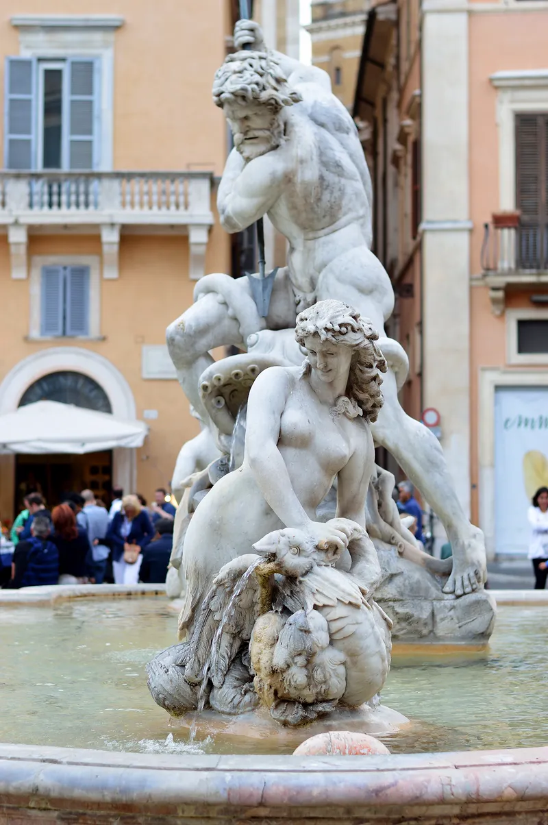 A sculpture in the Fountain of Neptune in Piazza Navona, Rome.