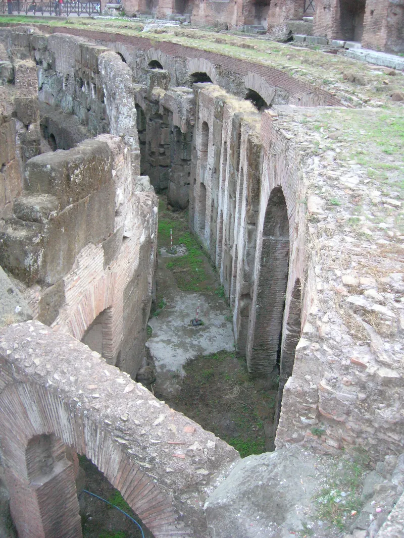 The hypogeum: the underground passages and rooms beneath the Colosseum's arena floor.