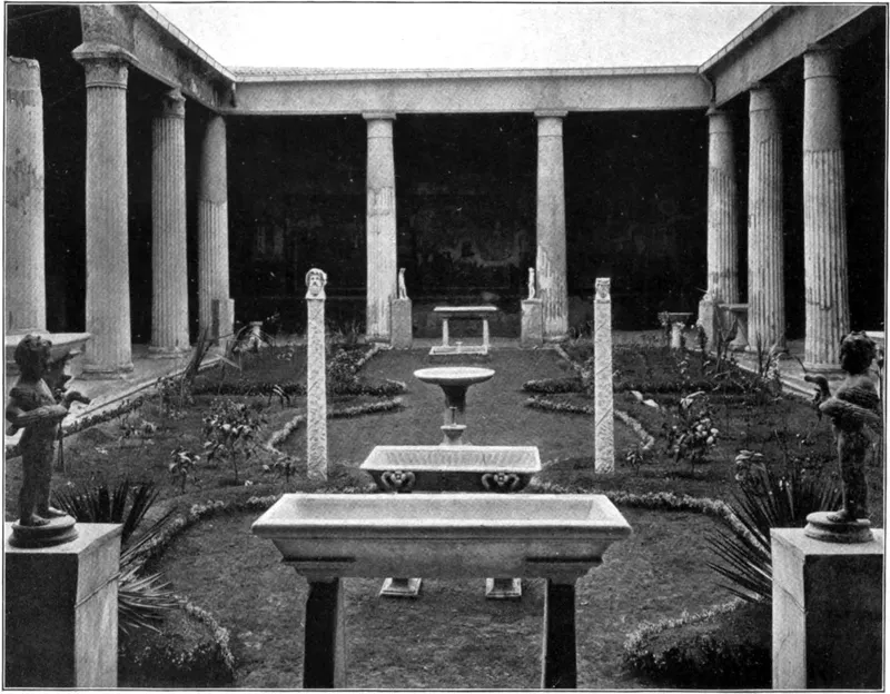 A drawing of the peristyle garden in the House of the Vettii, Pompeii.
