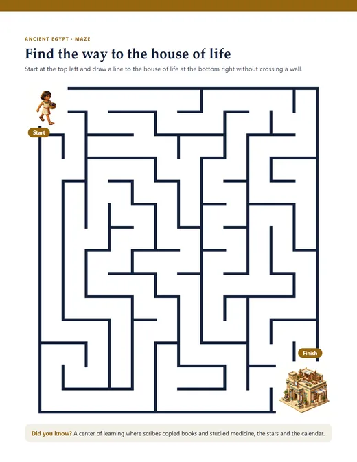 A maze: help an Egyptian child find the way to the lotus garden.