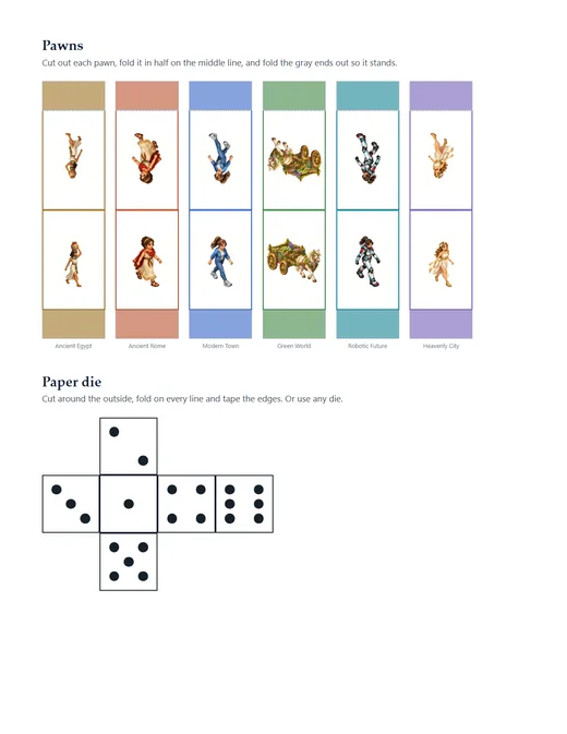 Paper pawns, a traveler from every world, and a paper die to fold.