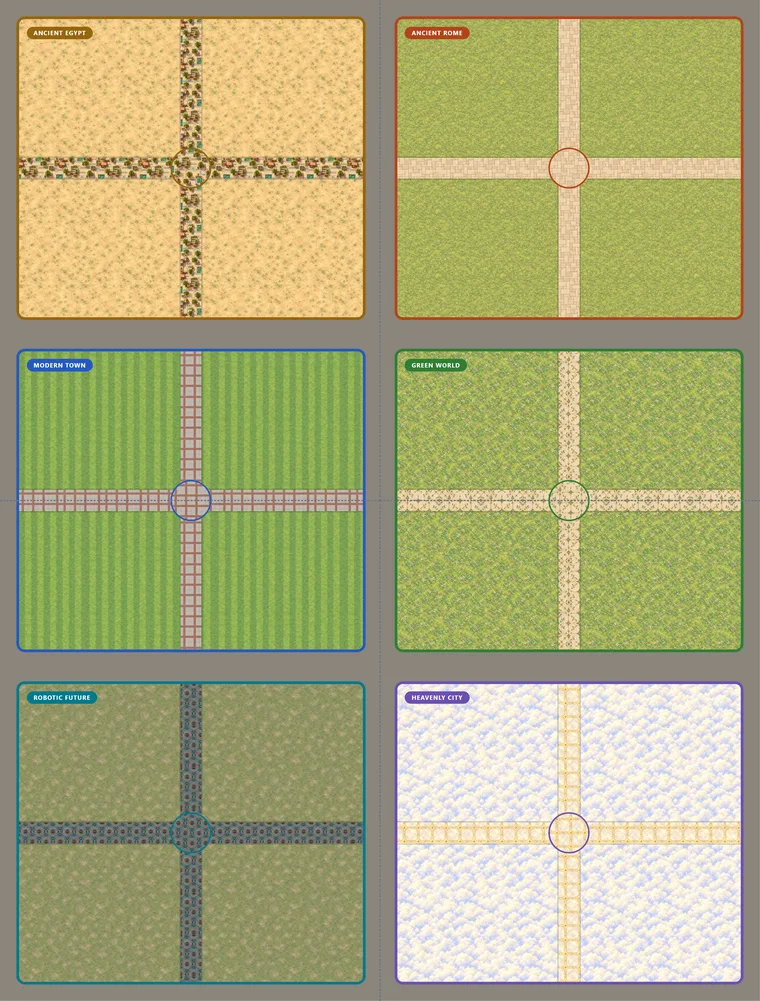 The play mat: six districts, one for each world, each with its own ground and crossing streets.