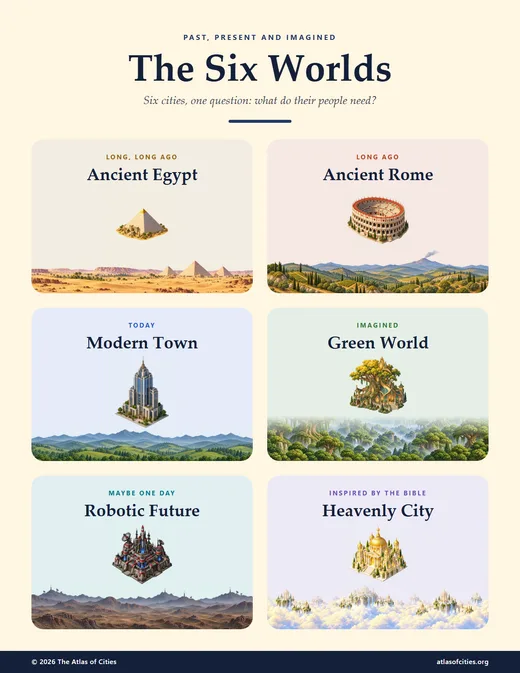 A poster of the six worlds, with a landmark from each: a pyramid, an amphitheater, a skyscraper, a great tree hall, a spaceport and a palace of light.