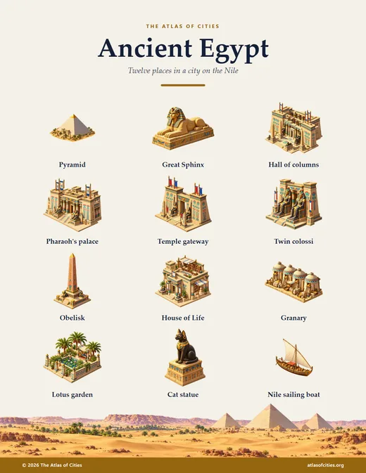 A poster of twelve places in Ancient Egypt, from the pyramid to a Nile sailing boat, above a desert landscape.