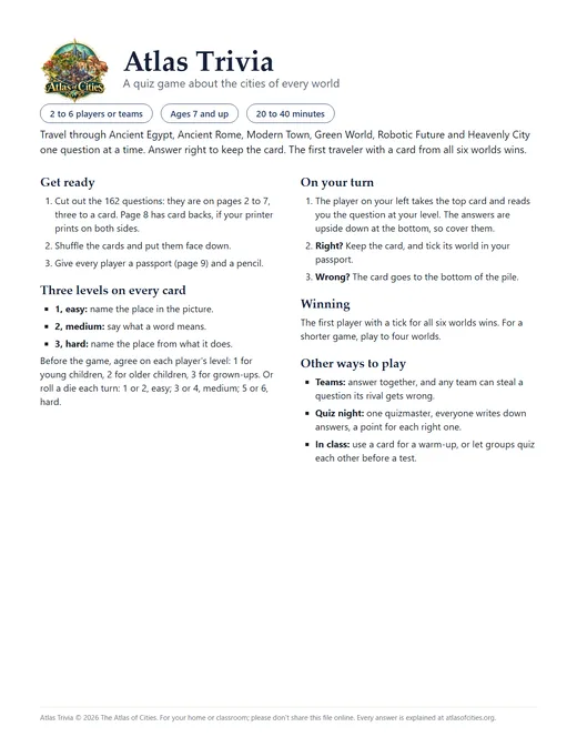 One page of rules, with team, quiz-night and classroom versions.