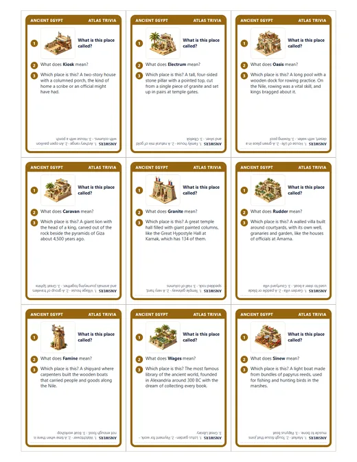 Nine question cards from Ancient Egypt, each with a picture question, a word question and a hard question.