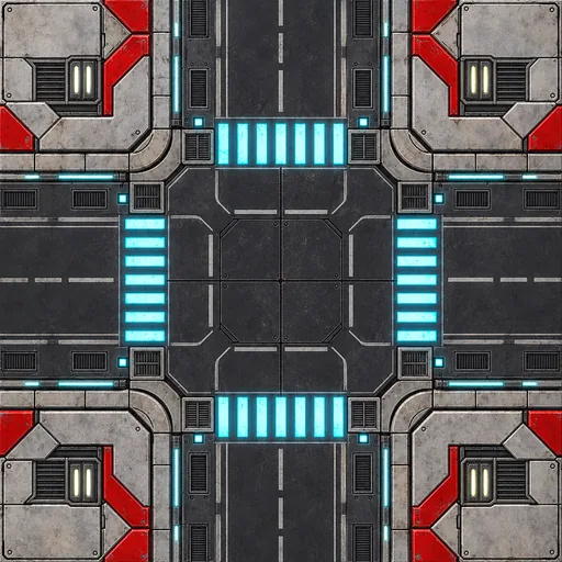 Lit roadway in the Robotic Future city, seen from above
